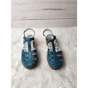 Alegria Womens Summer Chunky Clog Sandals Blue Leather T Strap Mid Heel 9.5-10